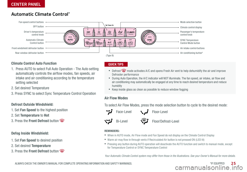 KIA SPORTAGE 2019 Features and Functions Guide *IF EQUIPPED 25ALWAYS CHECK THE OWNER’S MANUAL FOR COMPLETE OPER ATING INFORMATION AND SAFET Y WARNINGS
CENTER PANEL
Driver’s temperature control knobPassenger’s temperature control knob
Autom KIA SPORTAGE 2019 Features and Functions Guide *IF EQUIPPED 25ALWAYS CHECK THE OWNER’S MANUAL FOR COMPLETE OPER ATING INFORMATION AND SAFET Y WARNINGS
CENTER PANEL
Driver’s temperature control knobPassenger’s temperature control knob
Autom