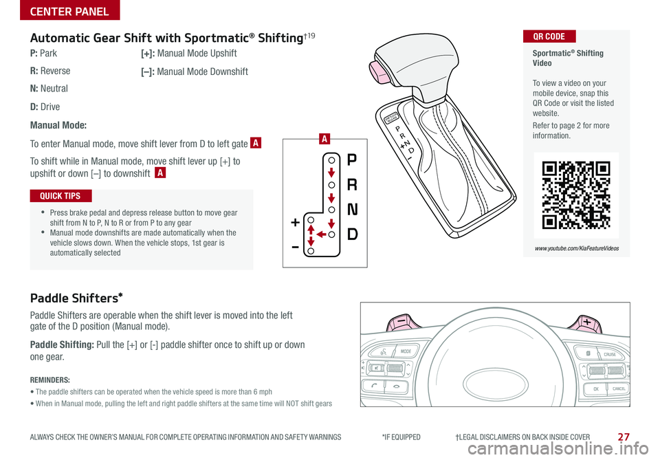 KIA SPORTAGE 2019 Features and Functions Guide 27
CENTER PANEL
ALWAYS CHECK THE OWNER’S MANUAL FOR COMPLETE OPER ATING INFORMATION AND SAFET Y WARNINGS *IF EQUIPPED †LEGAL DISCL AIMERS ON BACK INSIDE COVER
Sportmatic® S KIA SPORTAGE 2019 Features and Functions Guide 27
CENTER PANEL
ALWAYS CHECK THE OWNER’S MANUAL FOR COMPLETE OPER ATING INFORMATION AND SAFET Y WARNINGS *IF EQUIPPED †LEGAL DISCL AIMERS ON BACK INSIDE COVER
Sportmatic® S