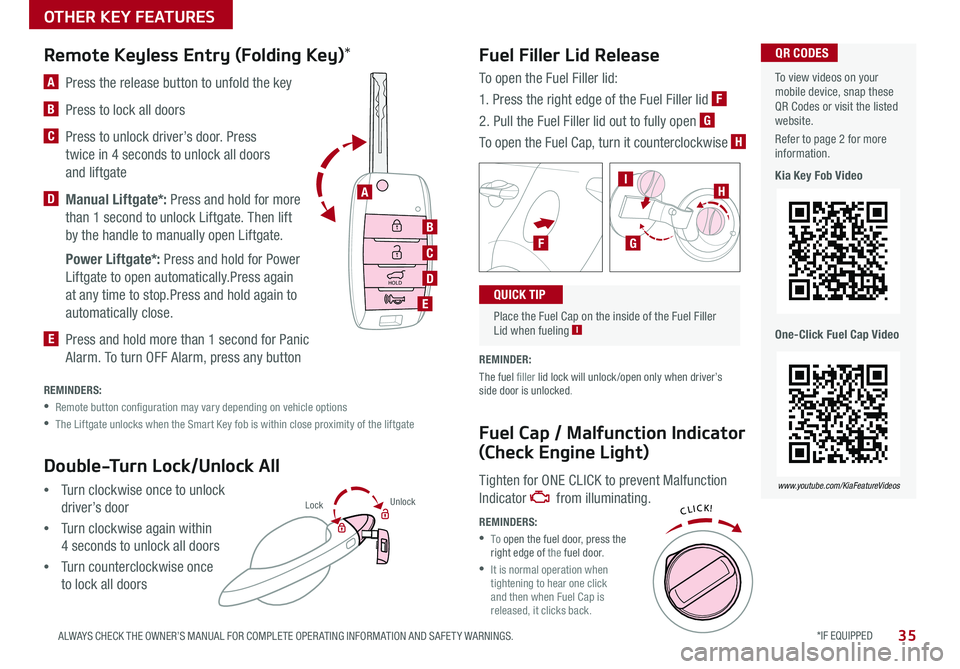 KIA SPORTAGE 2019 Features and Functions Guide *IF EQUIPPED 35ALWAYS CHECK THE OWNER’S MANUAL FOR COMPLETE OPER ATING INFORMATION AND SAFET Y WARNINGS
OTHER KEY FEATURES
Fuel Filler Lid Release
Fuel Cap / Malfunction Indicator
(Check Engine L KIA SPORTAGE 2019 Features and Functions Guide *IF EQUIPPED 35ALWAYS CHECK THE OWNER’S MANUAL FOR COMPLETE OPER ATING INFORMATION AND SAFET Y WARNINGS
OTHER KEY FEATURES
Fuel Filler Lid Release
Fuel Cap / Malfunction Indicator
(Check Engine L