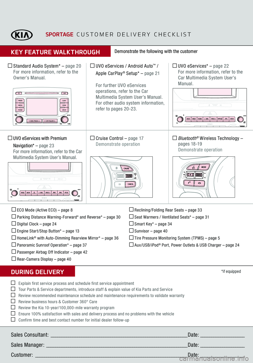 KIA SPORTAGE 2019 Features and Functions Guide ECO Mode (Active ECO) – page 8 Parking Distance Warning-Forward* and Reverse* – page 30 Digital Clock – page 24 Engine Start /Stop Button* – page 13 HomeLink
® with Auto-Dimming Rearview Mir KIA SPORTAGE 2019 Features and Functions Guide ECO Mode (Active ECO) – page 8 Parking Distance Warning-Forward* and Reverse* – page 30 Digital Clock – page 24 Engine Start /Stop Button* – page 13 HomeLink
® with Auto-Dimming Rearview Mir
