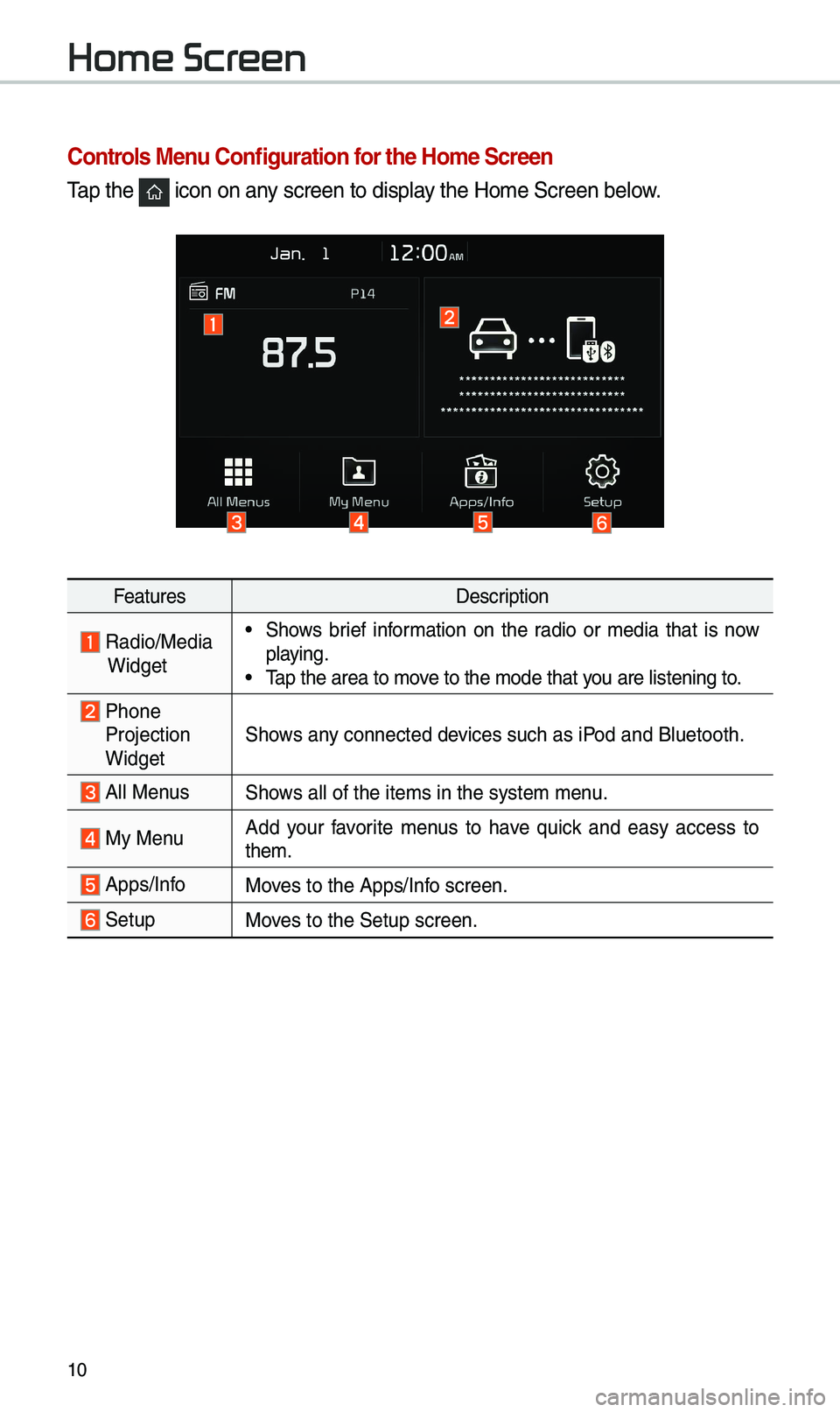 KIA SPORTAGE 2019 Quick Reference Guide 10
Home Scr
\bontrols Menu \bonfiguration for the Home \fcreen
Tap t\be icon on any screen to display t\be Home Screen b\ielow.
FeaturesDescription
Radio/MediaWidget
•S\bows brief information KIA SPORTAGE 2019 Quick Reference Guide 10
Home Scr
\bontrols Menu \bonfiguration for the Home \fcreen
Tap t\be icon on any screen to display t\be Home Screen b\ielow.
FeaturesDescription
Radio/MediaWidget
•S\bows brief information