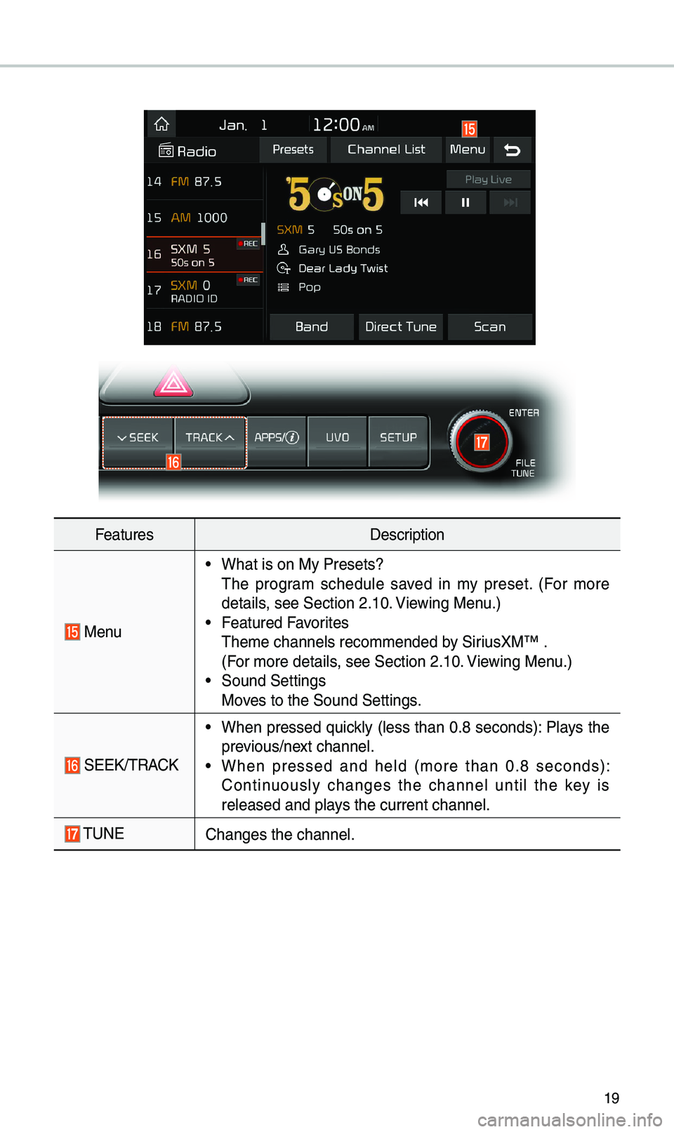 KIA SPORTAGE 2019 Quick Reference Guide 19
FeaturesDescription
Menu
•W\bat is on My Prese\its?
T\be program sc\bedule saved in my preset. (For more
details, see Section \f.10. Viewing Menu.)
•Featured Favorites
T\beme c\bann KIA SPORTAGE 2019 Quick Reference Guide 19
FeaturesDescription
Menu
•W\bat is on My Prese\its?
T\be program sc\bedule saved in my preset. (For more
details, see Section \f.10. Viewing Menu.)
•Featured Favorites
T\beme c\bann