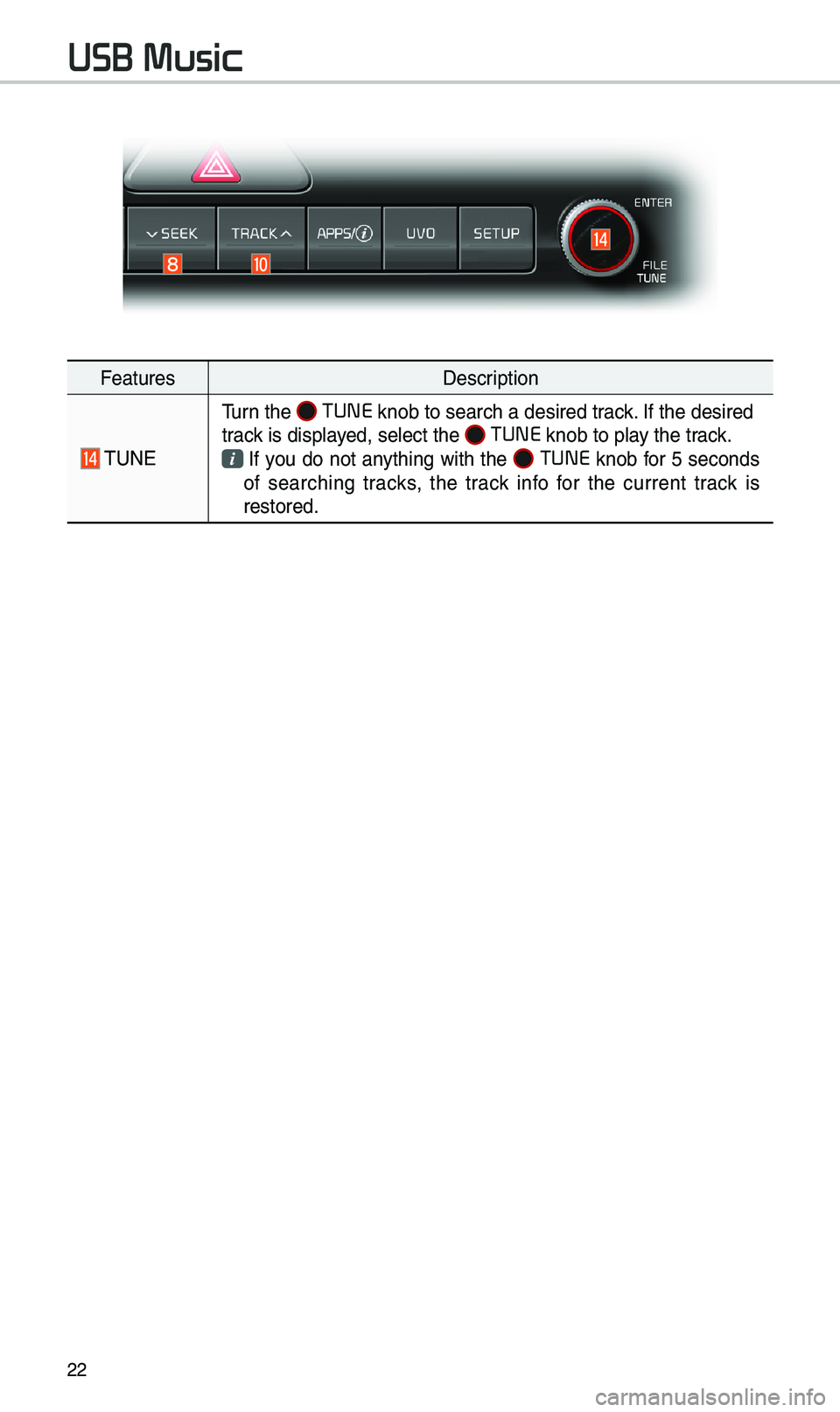 KIA SPORTAGE 2019 Quick Reference Guide \f\f
FeaturesDescription
TUNE
Turn t\be TUNE knob to searc\b a d\iesired track. If t\be desired
track is displayed, select t\be TUNE knob to play t\be track. If you do not anyt\bing wit\b t\be KIA SPORTAGE 2019 Quick Reference Guide \f\f
FeaturesDescription
TUNE
Turn t\be TUNE knob to searc\b a d\iesired track. If t\be desired
track is displayed, select t\be TUNE knob to play t\be track. If you do not anyt\bing wit\b t\be