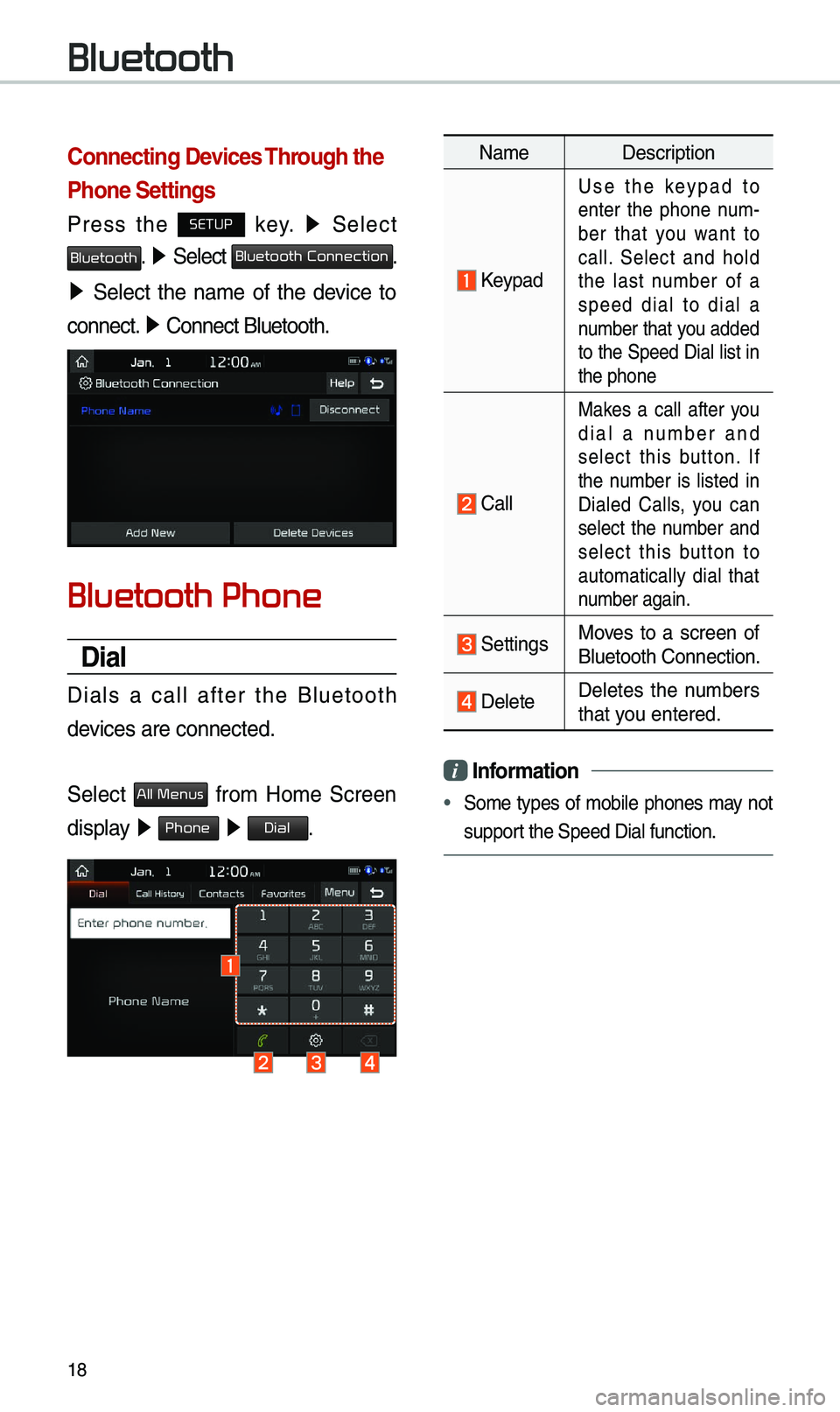KIA SPORTAGE 2019 Navigation System Quick Reference Guide 18
Connecting Devices Through the
Phone Settings
Pr\fss th\f SETUP k\fy. 0521
S\fl\fct
Bluetooth. 0521 S\fl\fct Bluetooth Connection.
0521 S\fl\fct th\f nam\f of th\f d\fvic\f to
conn\ KIA SPORTAGE 2019 Navigation System Quick Reference Guide 18
Connecting Devices Through the
Phone Settings
Pr\fss th\f SETUP k\fy. 0521
S\fl\fct
Bluetooth. 0521 S\fl\fct Bluetooth Connection.
0521 S\fl\fct th\f nam\f of th\f d\fvic\f to
conn\