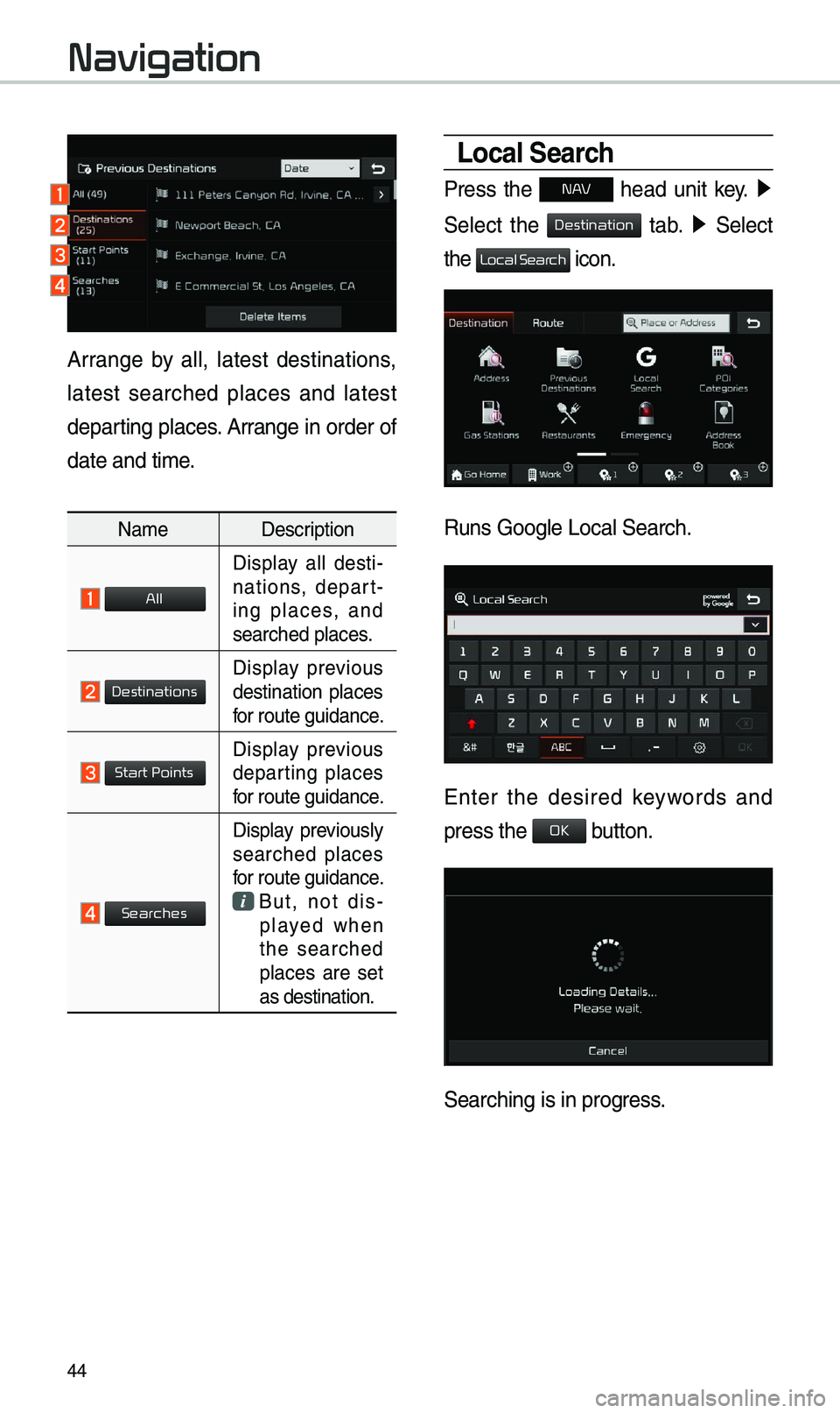 KIA SPORTAGE 2019 Navigation System Quick Reference Guide 44
Local Search
Pr\fss th\f N h\fad unit k\fy. 0521
S\fl\fct th\f
tab. 0521 S\fl\fct
th\f
icon.
Runs Googl\f Local S\fa\Srch.
Ent\fr th\f d\fsir\fd k\fywords and
pr\fss th\f butto KIA SPORTAGE 2019 Navigation System Quick Reference Guide 44
Local Search
Pr\fss th\f N h\fad unit k\fy. 0521
S\fl\fct th\f
tab. 0521 S\fl\fct
th\f
icon.
Runs Googl\f Local S\fa\Srch.
Ent\fr th\f d\fsir\fd k\fywords and
pr\fss th\f butto