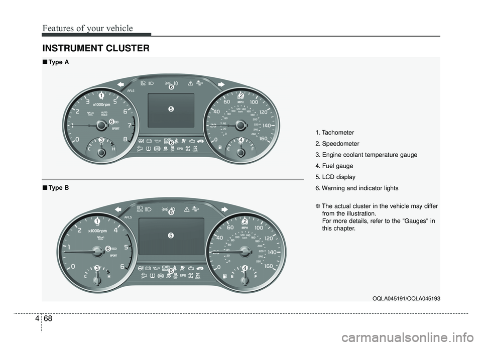 KIA SPORTAGE 2018  Owners Manual Features of your vehicle
68
4
INSTRUMENT CLUSTER
1. Tachometer 
2. Speedometer
3. Engine coolant temperature gauge
4. Fuel gauge
5. LCD display
6. Warning and indicator lights
OQLA045191/OQLA045193
�