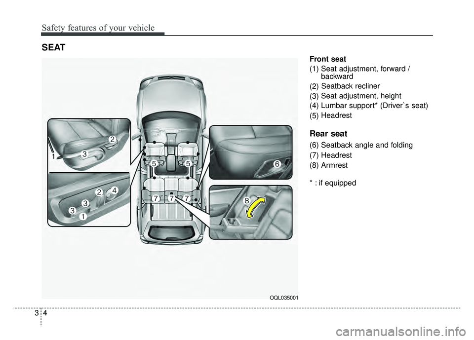 KIA SPORTAGE 2018 User Guide Safety features of your vehicle
43
Front seat
(1) Seat adjustment, forward / backward
(2) Seatback recliner
(3) Seat adjustment, height
(4) Lumbar support* (Driver`s seat)
(5) Headrest
Rear seat
(6) S KIA SPORTAGE 2018 User Guide Safety features of your vehicle
43
Front seat
(1) Seat adjustment, forward / backward
(2) Seatback recliner
(3) Seat adjustment, height
(4) Lumbar support* (Driver`s seat)
(5) Headrest
Rear seat
(6) S