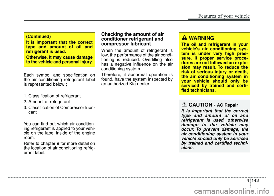KIA SPORTAGE 2018 Owners Manual 4143
Features of your vehicle
Each symbol and specification on
the air conditioning refrigerant label
is represented below ;
1. Classification of refrigerant
2. Amount of refrigerant
3. Classification KIA SPORTAGE 2018 Owners Manual 4143
Features of your vehicle
Each symbol and specification on
the air conditioning refrigerant label
is represented below ;
1. Classification of refrigerant
2. Amount of refrigerant
3. Classification