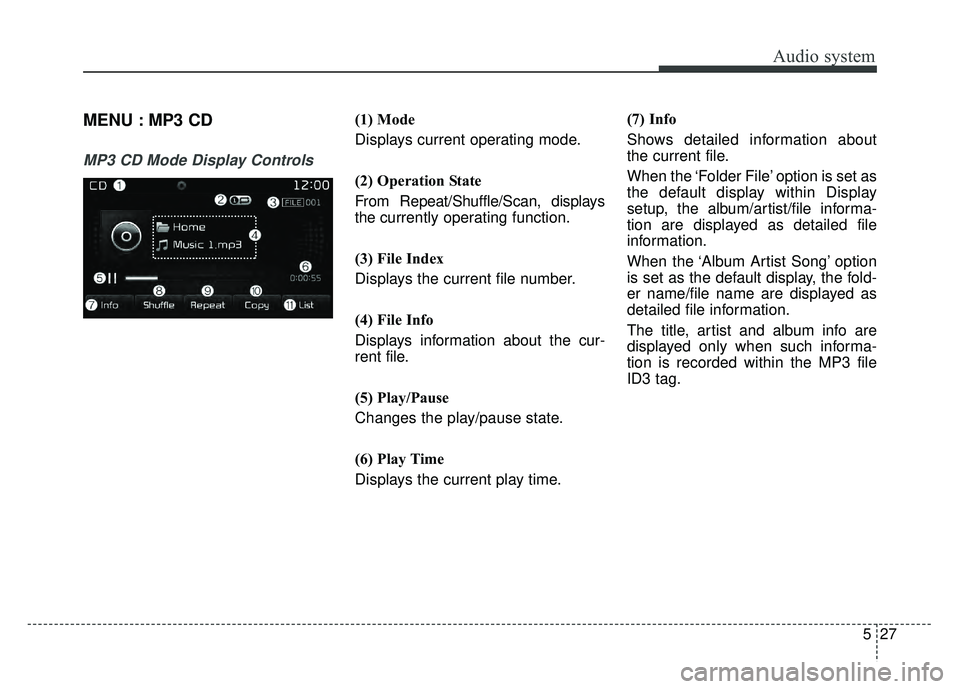 KIA SPORTAGE 2018 Owners Manual Audio system
527
MENU : MP3 CD
MP3 CD Mode Display Controls
(1) Mode
Displays current operating mode.
(2) Operation State
From Repeat/Shuffle/Scan, displays
the currently operating function.
(3) File KIA SPORTAGE 2018 Owners Manual Audio system
527
MENU : MP3 CD
MP3 CD Mode Display Controls
(1) Mode
Displays current operating mode.
(2) Operation State
From Repeat/Shuffle/Scan, displays
the currently operating function.
(3) File