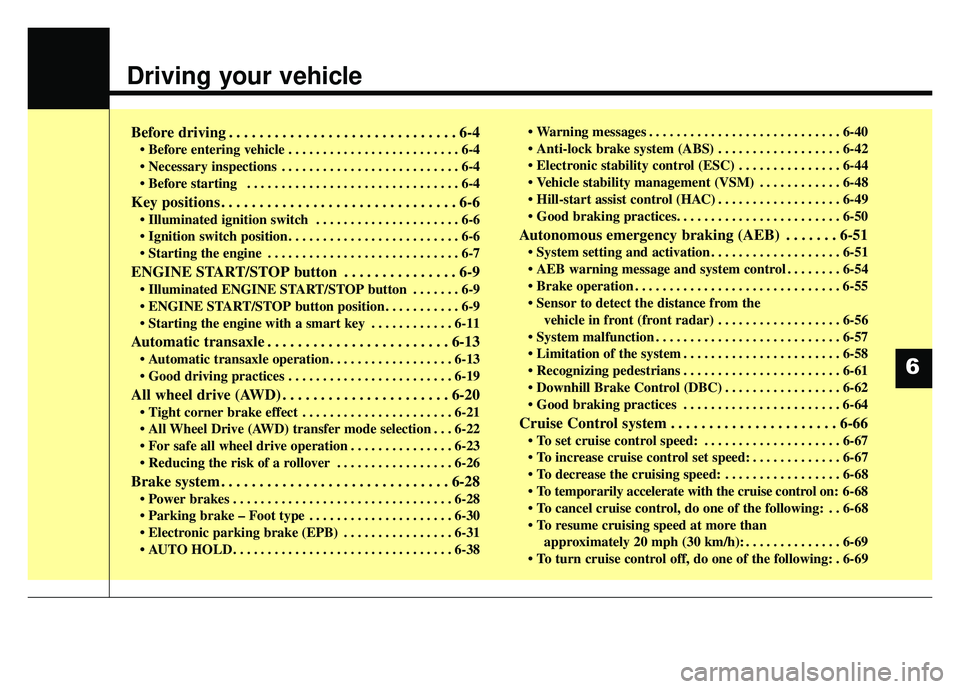 KIA SPORTAGE 2018  Owners Manual Driving your vehicle
Before driving . . . . . . . . . . . . . . . . . . . . . . . . . . . . . . 6-4
• Before entering vehicle . . . . . . . . . . . . . . . . . . . . . . . . . 6-4
 . . . . . . . . .