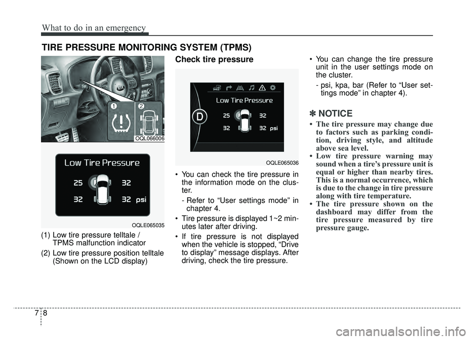 KIA SPORTAGE 2018  Owners Manual What to do in an emergency
87
TIRE PRESSURE MONITORING SYSTEM (TPMS)
(1) Low tire pressure telltale / TPMS malfunction indicator
(2) Low tire pressure position telltale (Shown on the LCD display)
Chec
