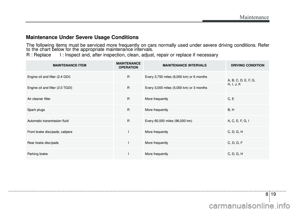 KIA SPORTAGE 2018 Owners Manual 819
Maintenance
Maintenance Under Severe Usage Conditions
The following items must be serviced more frequently on cars normally used under severe driving conditions. Refer
to the chart below for the a KIA SPORTAGE 2018 Owners Manual 819
Maintenance
Maintenance Under Severe Usage Conditions
The following items must be serviced more frequently on cars normally used under severe driving conditions. Refer
to the chart below for the a