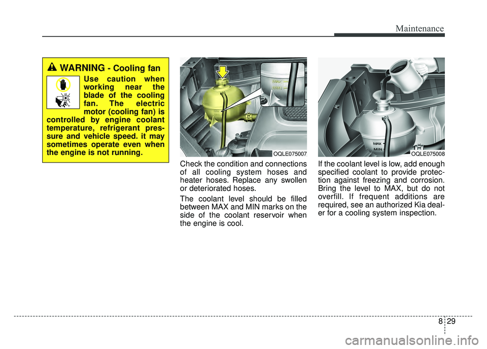 KIA SPORTAGE 2018  Owners Manual 829
Maintenance
Check the condition and connections
of all cooling system hoses and
heater hoses. Replace any swollen
or deteriorated hoses.
The coolant level should be filled
between MAX and MIN mark