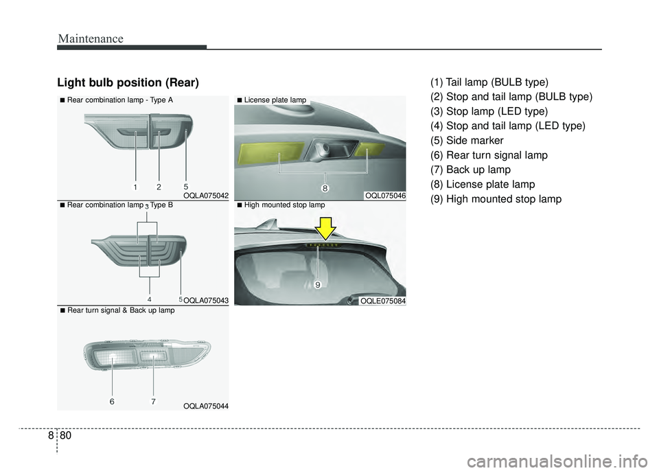 KIA SPORTAGE 2018  Owners Manual Maintenance
80
8
Light bulb position (Rear)(1) Tail lamp (BULB type)
(2) Stop and tail lamp (BULB type)
(3) Stop lamp (LED type)
(4) Stop and tail lamp (LED type)
(5) Side marker
(6) Rear turn signal 