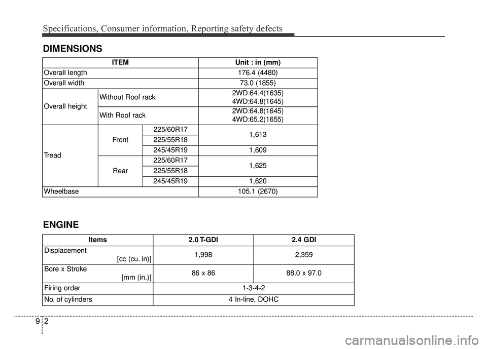 KIA SPORTAGE 2018  Owners Manual Specifications, Consumer information, Reporting safety defects
29
DIMENSIONS
ENGINE
ITEMUnit : in (mm)
Overall length176.4 (4480)
Overall width73.0 (1855)
Overall height
Without Roof rack2WD:64.4(1635