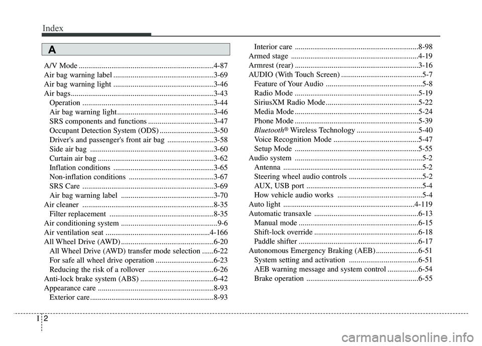 KIA SPORTAGE 2018  Owners Manual Index
2I
A/V Mode ......................................................................4-\
87
Air bag warning label ....................................................3-69
Air bag warning light ....