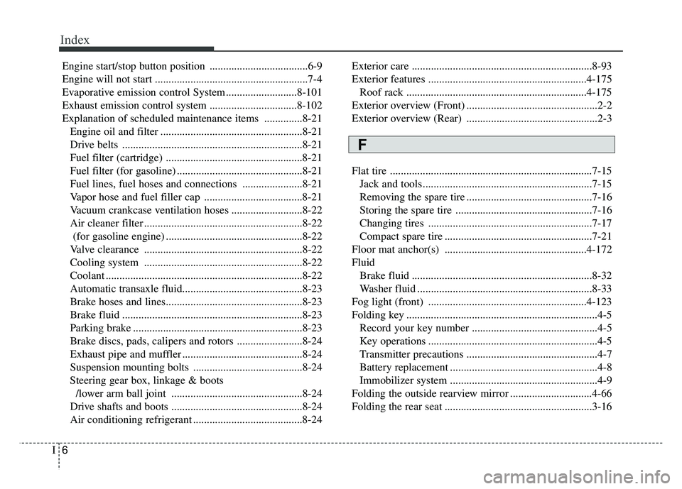 KIA SPORTAGE 2018  Owners Manual Index
6I
Engine start/stop button position ....................................6-9
Engine will not start ........................................................7-4
Evaporative emission control System