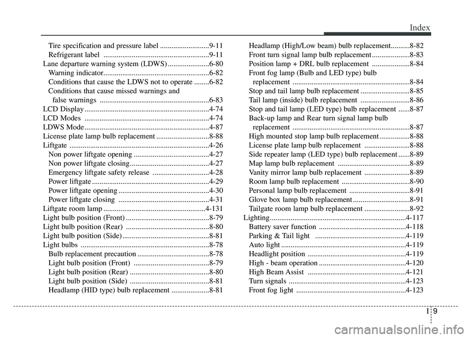 KIA SPORTAGE 2018 User Guide I9
Index
Tire specification and pressure label ..........................9-11
Refrigerant label ........................................................9-11
Lane departure warning system (LDWS) ......
