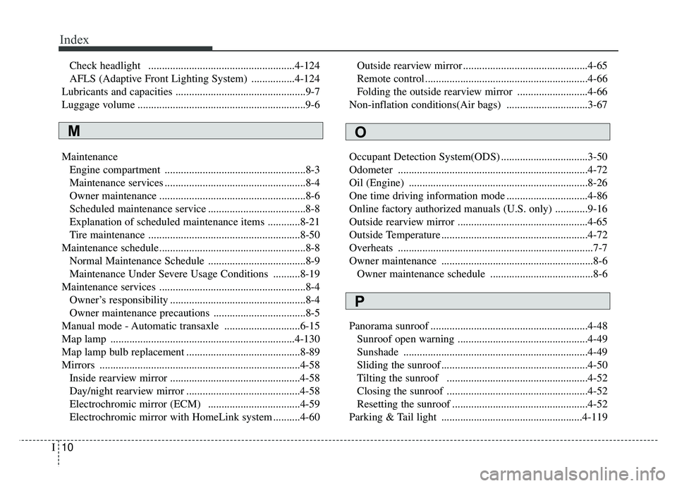 KIA SPORTAGE 2018  Owners Manual Index
10I
Check headlight  ......................................................4-124
AFLS (Adaptive Front Lighting System) ................4-124
Lubricants and capacities ...........................