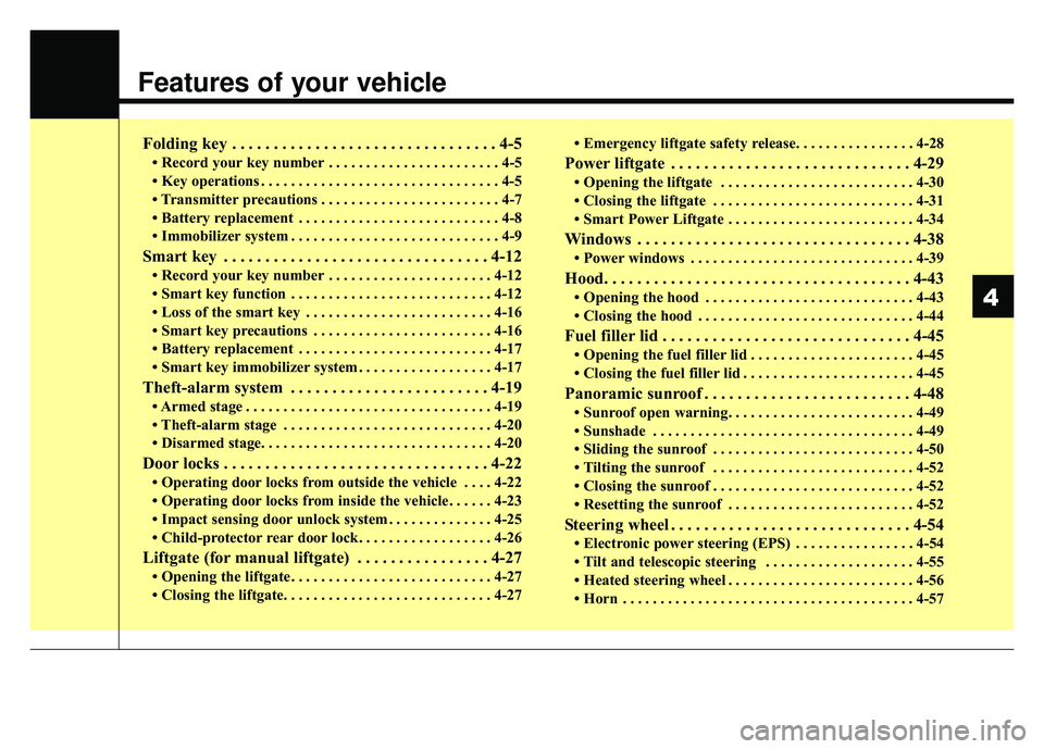 KIA SPORTAGE 2018  Owners Manual Features of your vehicle
Folding key . . . . . . . . . . . . . . . . . . . . . . . . . . . . . . . . 4-5
• Record your key number . . . . . . . . . . . . . . . . . . . . . . . 4-5
• Key operations