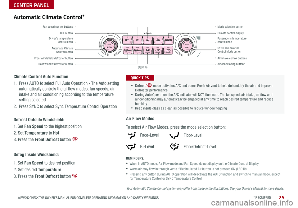 KIA SPORTAGE 2018 Features and Functions Guide *IF EQUIPPED 25ALWAYS CHECK THE OWNER’S MANUAL FOR COMPLETE OPER ATING INFORMATION AND SAFET Y WARNINGS .
CENTER PANEL
Driver’s temperature control knobPassenger’s temperature control knob
Auto KIA SPORTAGE 2018 Features and Functions Guide *IF EQUIPPED 25ALWAYS CHECK THE OWNER’S MANUAL FOR COMPLETE OPER ATING INFORMATION AND SAFET Y WARNINGS .
CENTER PANEL
Driver’s temperature control knobPassenger’s temperature control knob
Auto