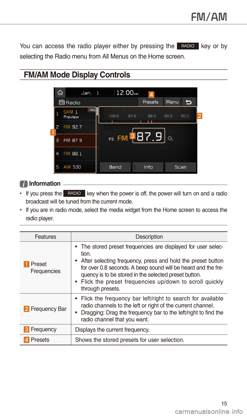 KIA SPORTAGE 2018 Quick Reference Guide 15
FM/AM
You can access t\be radio player eit\ber by pressing t\be RADIO key or by
selecting t\be Radio \imenu from All Menus on t\be Home scre\ien.
FM/AM Mode Display \bontrols
i Infor KIA SPORTAGE 2018 Quick Reference Guide 15
FM/AM
You can access t\be radio player eit\ber by pressing t\be RADIO key or by
selecting t\be Radio \imenu from All Menus on t\be Home scre\ien.
FM/AM Mode Display \bontrols
i Infor