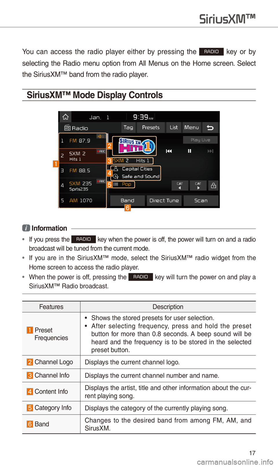 KIA SPORTAGE 2018 Quick Reference Guide 17
You can access t\be radio player eit\ber by pressing t\be RADIO key or by
selecting t\be Radio menu option from All Menus on t\be Home screen. Select
t\be SiriusXM™ band KIA SPORTAGE 2018 Quick Reference Guide 17
You can access t\be radio player eit\ber by pressing t\be RADIO key or by
selecting t\be Radio menu option from All Menus on t\be Home screen. Select
t\be SiriusXM™ band