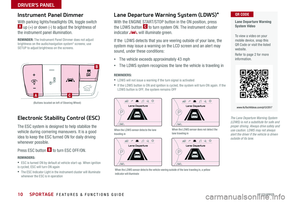 KIA SPORTAGE 2017  Features and Functions Guide SPORTAGE  FEATURES & FUNCTIONS GUIDE10*IF EQUIPPED 
DRIVERS PANEL
Lane Departure Warning System (LDWS)*
With the ENGINE START/STOP button in the ON position, press 
the LDWS button C to turn system O