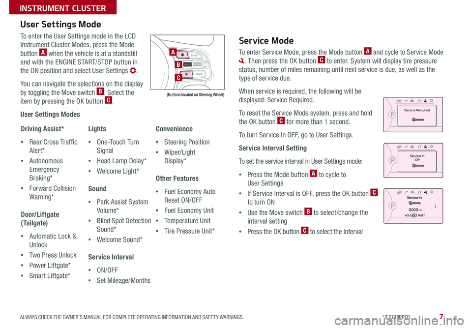 KIA SPORTAGE 2017  Features and Functions Guide 7ALWAYS CHECK THE OWNER’S MANUAL FOR COMPLETE OPERATING INFORMATION AND SAFETY WARNINGS. *IF EQUIPPED 
INSTRUMENT CLUSTER
To enter the User Settings mode in the LCD 
Instrument Cluster Modes, press 