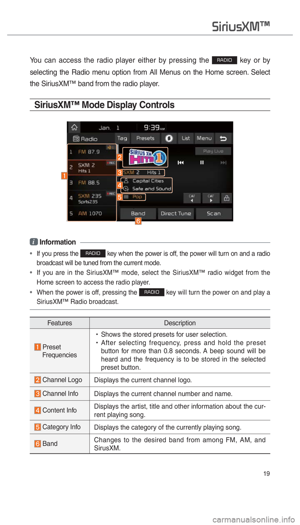 KIA SPORTAGE 2017  Quick Reference Guide 19
You can access the radio player either by pressing the 003500240027002C0032 key or by 
selecting the Radio menu option from All Menus on the Home screen. Select 
the SiriusXM™ band from the radio