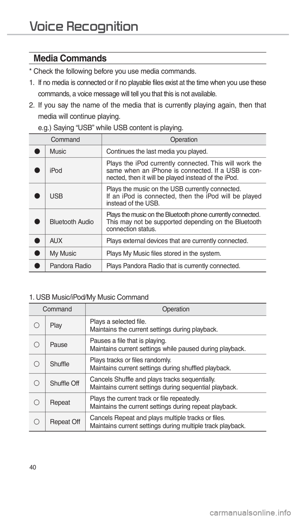 KIA SPORTAGE 2017  Quick Reference Guide 40
0039
Media Commands
* Check the following before you use media commands.
1. 
If no media is connected or if no playable files exist at the time when you use these 
commands, a voice message will te