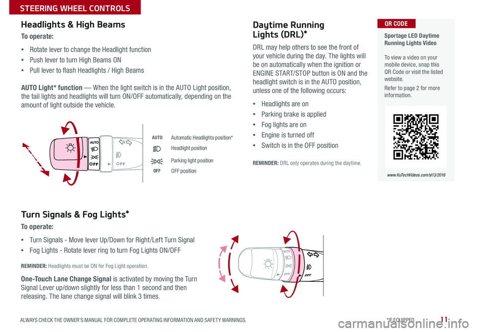 KIA SPORTAGE 2016 Features and Functions Guide 11
Headlights & High Beams
AUTO Light* function — When the light switch is in the AUTO Light position,
the tail lights and headlights will turn ON/OFF automatically, depending on the
amount of lig KIA SPORTAGE 2016 Features and Functions Guide 11
Headlights & High Beams
AUTO Light* function — When the light switch is in the AUTO Light position,
the tail lights and headlights will turn ON/OFF automatically, depending on the
amount of lig