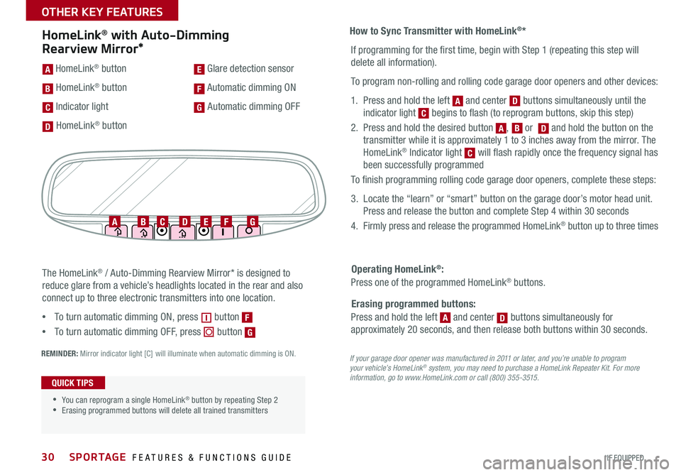 KIA SPORTAGE 2016 Features and Functions Guide 30
How to Sync Transmitter with HomeLink®*
Erasing programmed buttons:
If programming for the first time, begin with Step 1 (repeating this step will
delete all information) .
To program non-rolling KIA SPORTAGE 2016 Features and Functions Guide 30
How to Sync Transmitter with HomeLink®*
Erasing programmed buttons:
If programming for the first time, begin with Step 1 (repeating this step will
delete all information) .
To program non-rolling