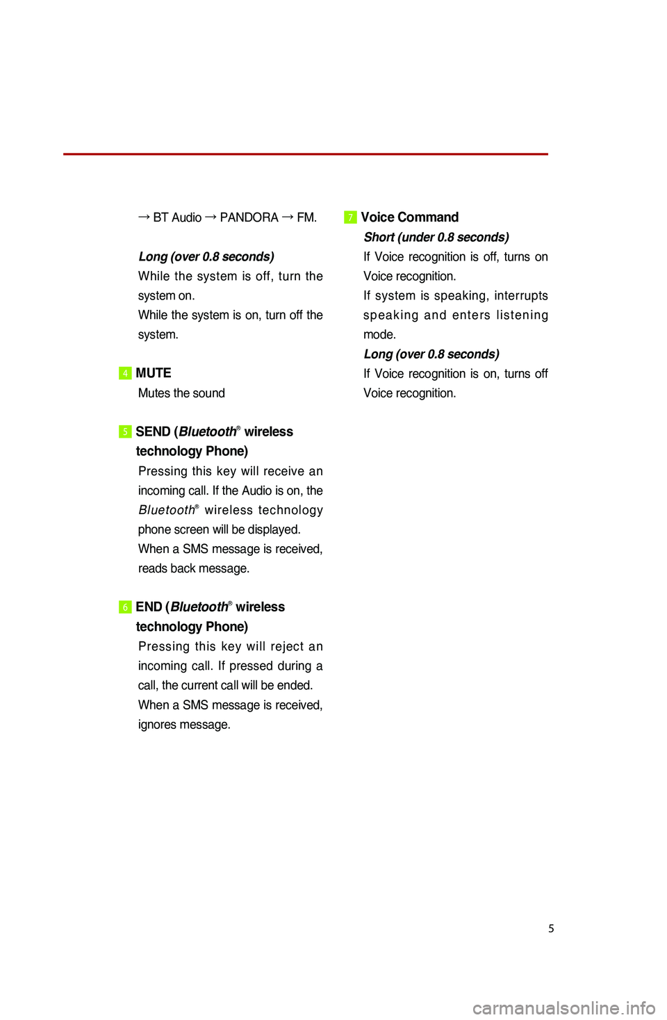 KIA SPORTAGE 2016 Quick Reference Guide 5
→ BT Audio →
PANDORA →
FM.
Long (over 0.8 seconds)
While the system is off, turn the
system on.
While the system is on, turn off the
system.
4 MUTE
Mutes the sound
5 SEND (BluetoothⓇ KIA SPORTAGE 2016 Quick Reference Guide 5
→ BT Audio →
PANDORA →
FM.
Long (over 0.8 seconds)
While the system is off, turn the
system on.
While the system is on, turn off the
system.
4 MUTE
Mutes the sound
5 SEND (BluetoothⓇ