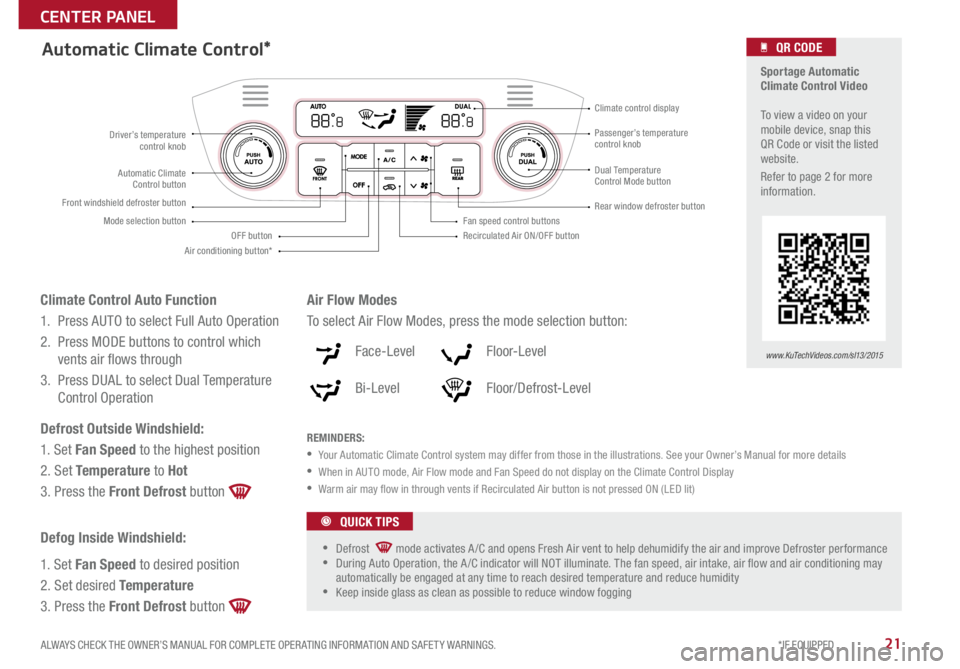 KIA SPORTAGE 2015  Features and Functions Guide 21ALWAYS CHECK THE OWNER’S MANUAL FOR COMPLETE OPER ATING INFORMATION AND SAFET Y WARNINGS. *IF EQUIPPED 
\fENTER PANEL 
Automatic \flimate \fontrol*
REMINDERS:
 
 Your Automatic Climate Control sy