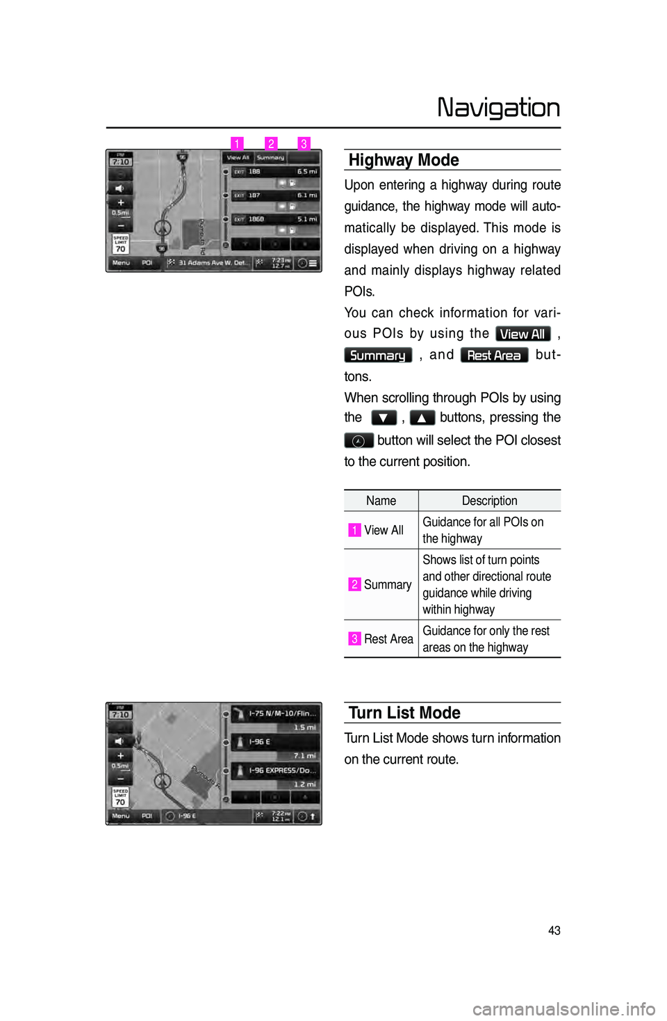 KIA SPORTAGE 2015 Navigation System Quick Reference Guide 43
Navigation
highwa\f Mode
Upon entering a highway during route
guidan\be, the highway mode will auto-
mati\bally be displayed. This mode is
displayed when driving on a highway
KIA SPORTAGE 2015 Navigation System Quick Reference Guide 43
Navigation
highwa\f Mode
Upon entering a highway during route
guidan\be, the highway mode will auto-
mati\bally be displayed. This mode is
displayed when driving on a highway
