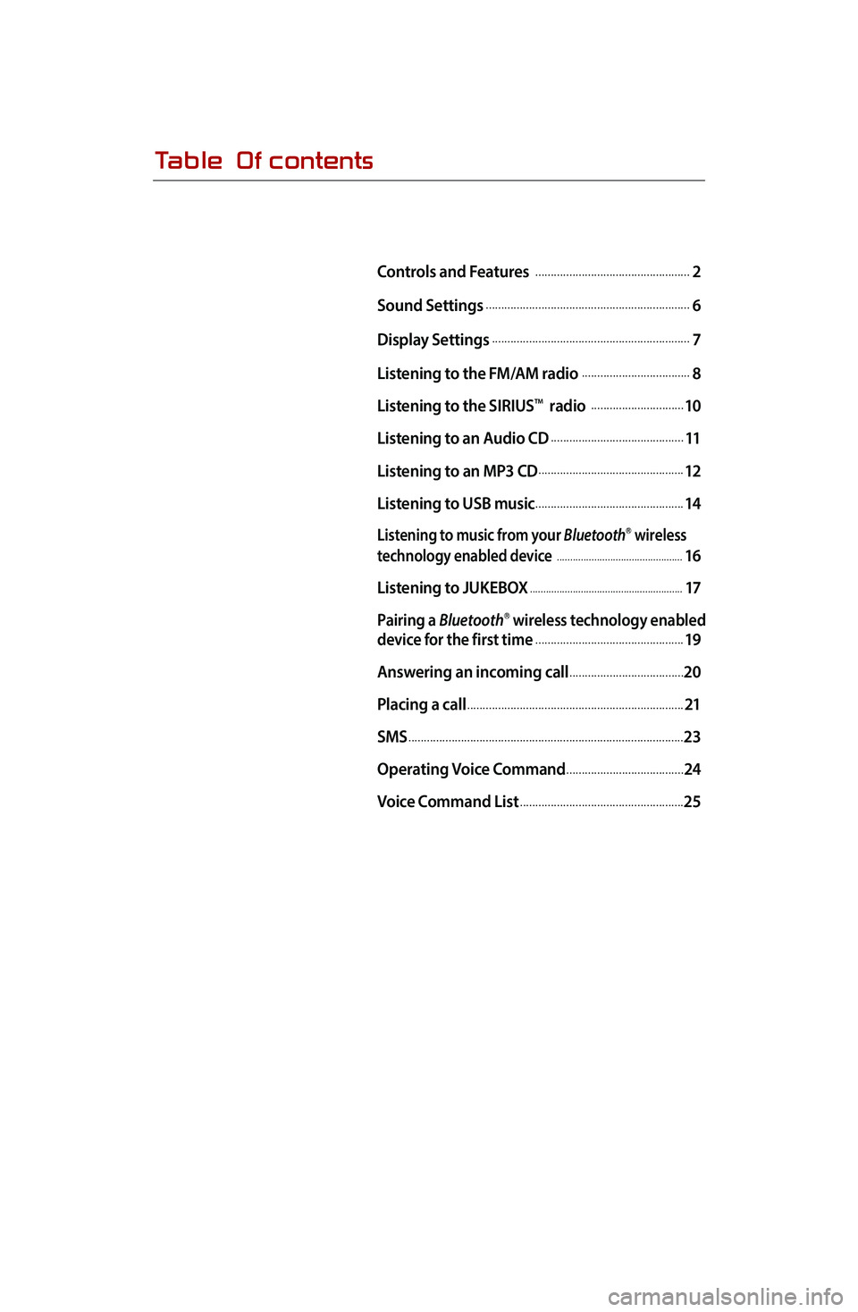 KIA SPORTAGE 2014  Quick Reference Guide Table  Of contents
Controls and Features ...................................................2
Sound Settings
...................................................................6
Dis\flay Settings
....