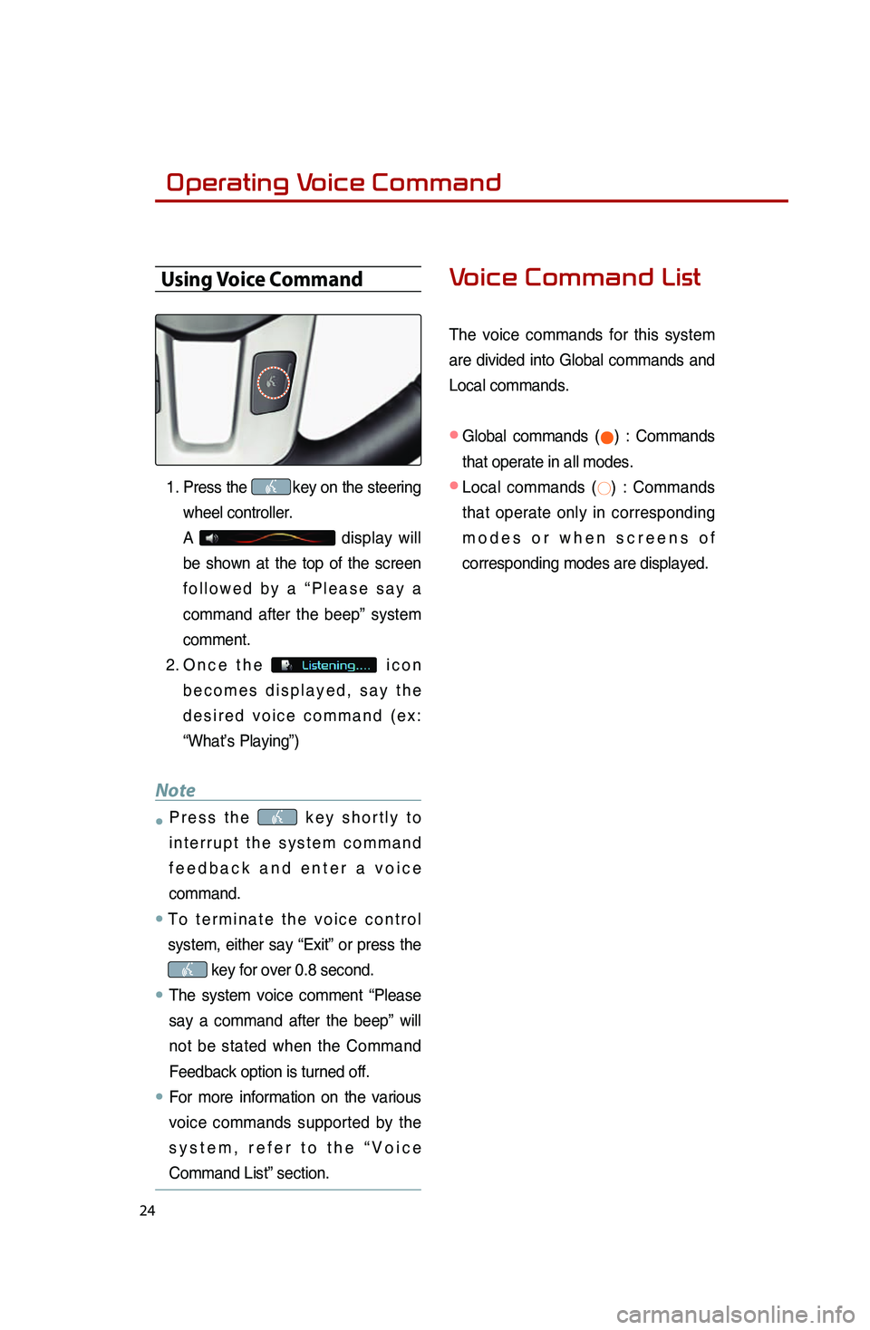 KIA SPORTAGE 2014 Quick Reference Guide
24
Operating Voice Command
Using Voice Command
1..Press.the.key.on.the.steering.
wh
eel
.co
ntroller.
A
..display.will.
be.sh
own
.at.th
e
.to
p
.of.th
e
.sc
reen
.
f o
l l o w e d
.b y.a. KIA SPORTAGE 2014 Quick Reference Guide
24
Operating Voice Command
Using Voice Command
1..Press.the.key.on.the.steering.
wh
eel
.co
ntroller.
A
..display.will.
be.sh
own
.at.th
e
.to
p
.of.th
e
.sc
reen
.
f o
l l o w e d
.b y.a.