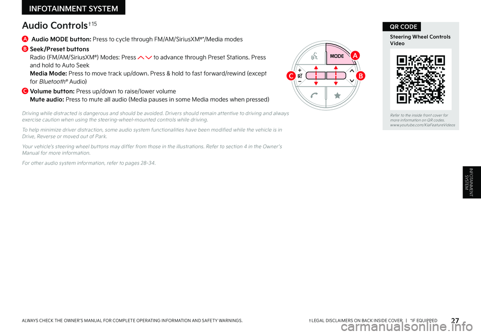 KIA SOUL 2023 Features and Functions Guide 27†LEGAL DISCL AIMERS ON BACK INSIDE COVER | *IF EQUIPPEDALWAYS CHECK THE OWNER ’S MANUAL FOR COMPLETE OPER ATING INFORMATION AND SAFET Y WARNINGS
Audio Controls†1 5
A
Audio MODE button KIA SOUL 2023 Features and Functions Guide 27†LEGAL DISCL AIMERS ON BACK INSIDE COVER | *IF EQUIPPEDALWAYS CHECK THE OWNER ’S MANUAL FOR COMPLETE OPER ATING INFORMATION AND SAFET Y WARNINGS
Audio Controls†1 5
A
Audio MODE button