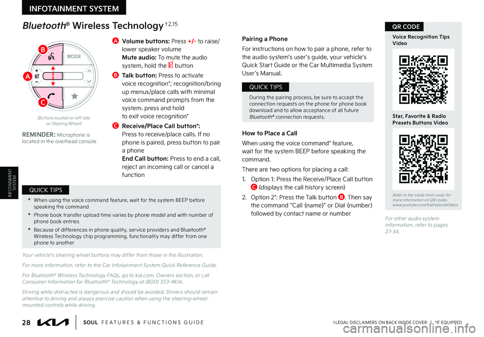 KIA SOUL 2023 Features and Functions Guide 28†LEGAL DISCL AIMERS ON BACK INSIDE COVER | *IF EQUIPPEDSOUL FEATURES & FUNCTIONS GUIDE
INFOTAINMENT SYSTEM
INFOTAINMENTSYSTEM
A Volume buttons: Press +/- to raise/lower speaker volume Mute KIA SOUL 2023 Features and Functions Guide 28†LEGAL DISCL AIMERS ON BACK INSIDE COVER | *IF EQUIPPEDSOUL FEATURES & FUNCTIONS GUIDE
INFOTAINMENT SYSTEM
INFOTAINMENTSYSTEM
A Volume buttons: Press +/- to raise/lower speaker volume Mute