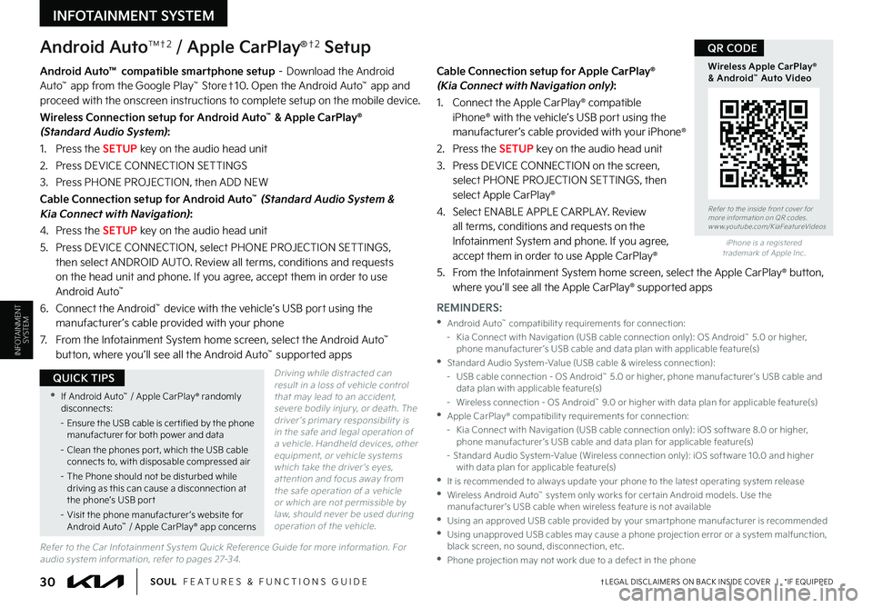 KIA SOUL 2023  Features and Functions Guide 30†LEGAL DISCL AIMERS ON BACK INSIDE COVER   |   *IF EQUIPPEDSOUL  FEATURES & FUNCTIONS GUIDE
INFOTAINMENT SYSTEM
INFOTAINMENTSYSTEM
Android AutoTM†2 / Apple CarPlay®†2 Setup
Driving while dist
