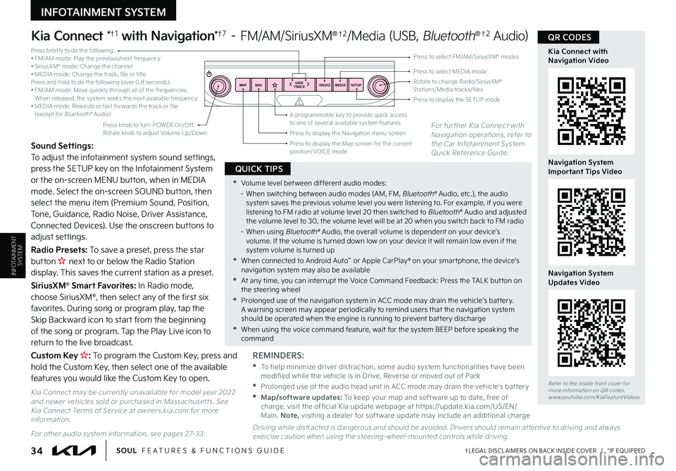 KIA SOUL 2023 Features and Functions Guide 34†LEGAL DISCL AIMERS ON BACK INSIDE COVER | *IF EQUIPPEDSOUL FEATURES & FUNCTIONS GUIDE
RADIO
SEEK
TRACK
N AV
MAP MEDIASETUP
A programmable key to provide quick access to one of several availa KIA SOUL 2023 Features and Functions Guide 34†LEGAL DISCL AIMERS ON BACK INSIDE COVER | *IF EQUIPPEDSOUL FEATURES & FUNCTIONS GUIDE
RADIO
SEEK
TRACK
N AV
MAP MEDIASETUP
A programmable key to provide quick access to one of several availa