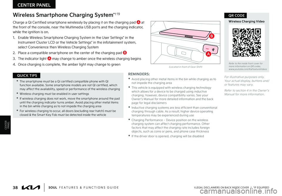 KIA SOUL 2023 Features and Functions Guide CENTER PANEL
38†LEGAL DISCL AIMERS ON BACK INSIDE COVER | *IF EQUIPPEDSOUL FEATURES & FUNCTIONS GUIDE
CENTERPANEL
For illustrative purposes only Your actual display, but tons and/or features m KIA SOUL 2023 Features and Functions Guide CENTER PANEL
38†LEGAL DISCL AIMERS ON BACK INSIDE COVER | *IF EQUIPPEDSOUL FEATURES & FUNCTIONS GUIDE
CENTERPANEL
For illustrative purposes only Your actual display, but tons and/or features m