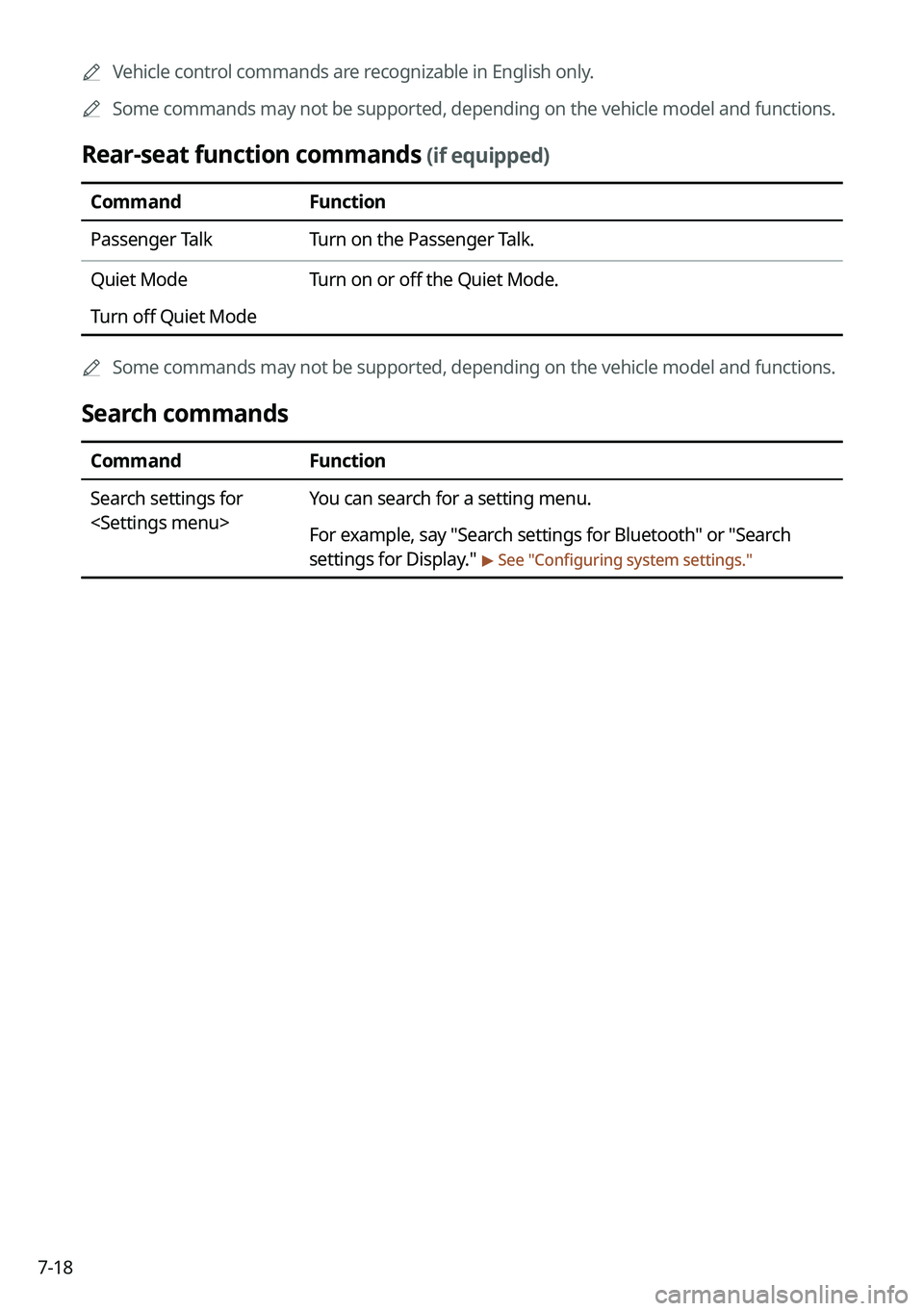 KIA SOUL 2023 Quick Reference Guide 7-18
A
Vehicle control commands are recognizable in English only.
A
Some commands may not be supported, depending on the vehicle model and f\
unctions.
Rear-seat function commands (if equipped)
Com KIA SOUL 2023 Quick Reference Guide 7-18
A
Vehicle control commands are recognizable in English only.
A
Some commands may not be supported, depending on the vehicle model and f\
unctions.
Rear-seat function commands (if equipped)
Com
