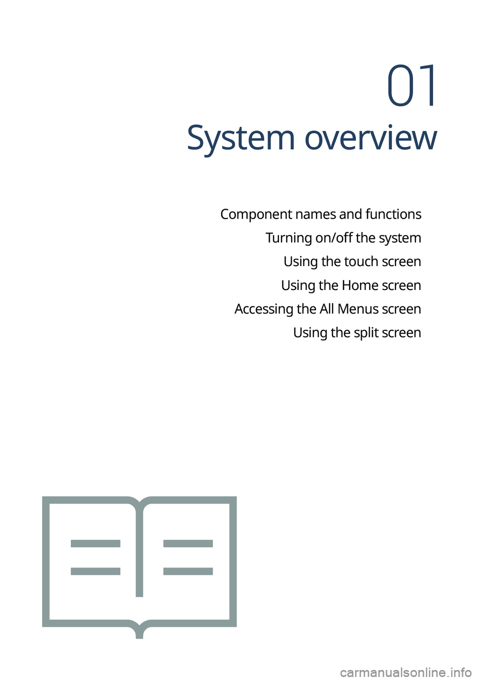 KIA SOUL 2023  Quick Reference Guide System overview
Component names and functionsTurning on/off the systemUsing the touch screen
Using the Home screen
Accessing the All Menus screen Using the split screen 
01   