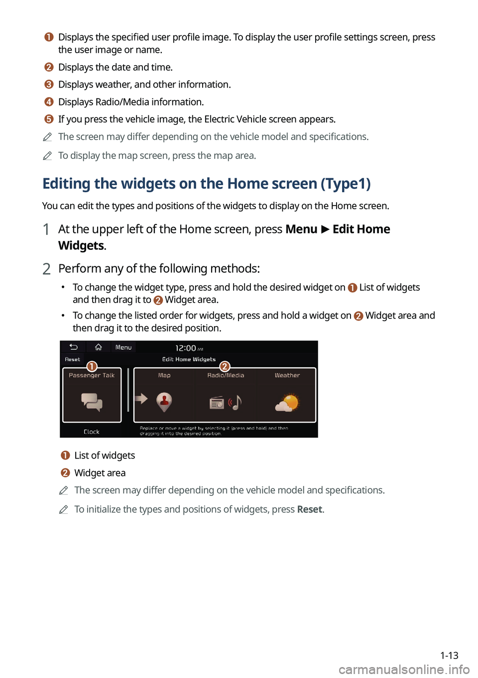 KIA SOUL 2023 Quick Reference Guide 1-13
a a Displays the specified user profile image. To display the user profile settings screen, press
the user image or name.
b b Displays the date and time.
c c Displays weather, and other informat KIA SOUL 2023 Quick Reference Guide 1-13
a a Displays the specified user profile image. To display the user profile settings screen, press
the user image or name.
b b Displays the date and time.
c c Displays weather, and other informat