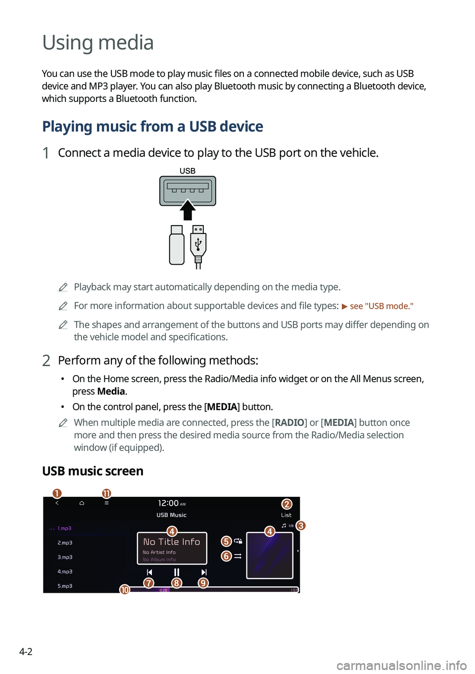 KIA SOUL 2023  Quick Reference Guide 4-2
Using media
You can use the USB mode to play music files on a connected mobile device, such as USB 
device and MP3 player. You can also play Bluetooth music by connecting a Bluetooth device, 
whic