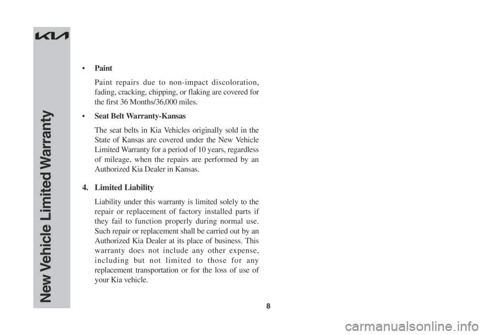 KIA SOUL 2023  Warranty and Consumer Information Guide 8New Vehicle  Limited Warranty
•	Paint
 Paint repairs due to non-impact discoloration, 
fading, cracking, chipping, or flaking are covered for 
the first 36 Months/36,000 miles.
•	Seat Belt Warran
