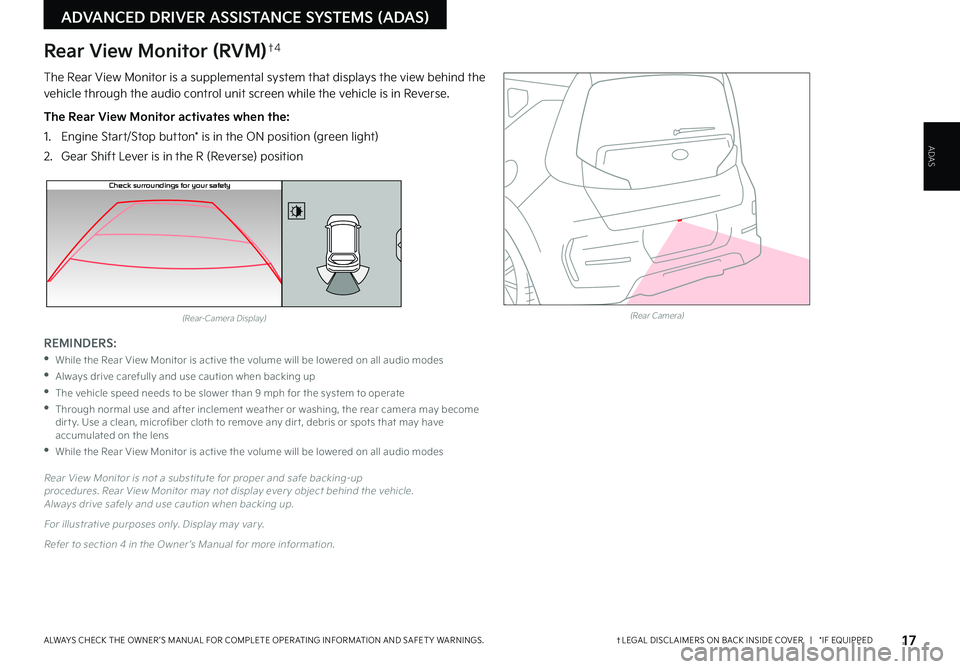 KIA SOUL 2022 Features and Functions Guide 17†LEGAL DISCL AIMERS ON BACK INSIDE COVER | *IF EQUIPPEDALWAYS CHECK THE OWNER ’S MANUAL FOR COMPLETE OPER ATING INFORMATION AND SAFET Y WARNINGS .
ADVANCED DRIVER ASSISTANCE SYSTEMS (ADAS)
KIA SOUL 2022 Features and Functions Guide 17†LEGAL DISCL AIMERS ON BACK INSIDE COVER | *IF EQUIPPEDALWAYS CHECK THE OWNER ’S MANUAL FOR COMPLETE OPER ATING INFORMATION AND SAFET Y WARNINGS .
ADVANCED DRIVER ASSISTANCE SYSTEMS (ADAS)