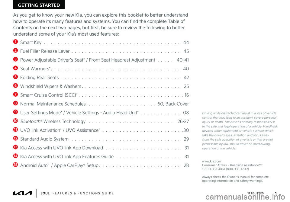 KIA SOUL 2022  Features and Functions Guide GETTING STARTED
As you get to know your new Kia, you can explore this booklet to better understand 
how to operate its many features and systems. You can find the complete Table of 
Contents on the ne